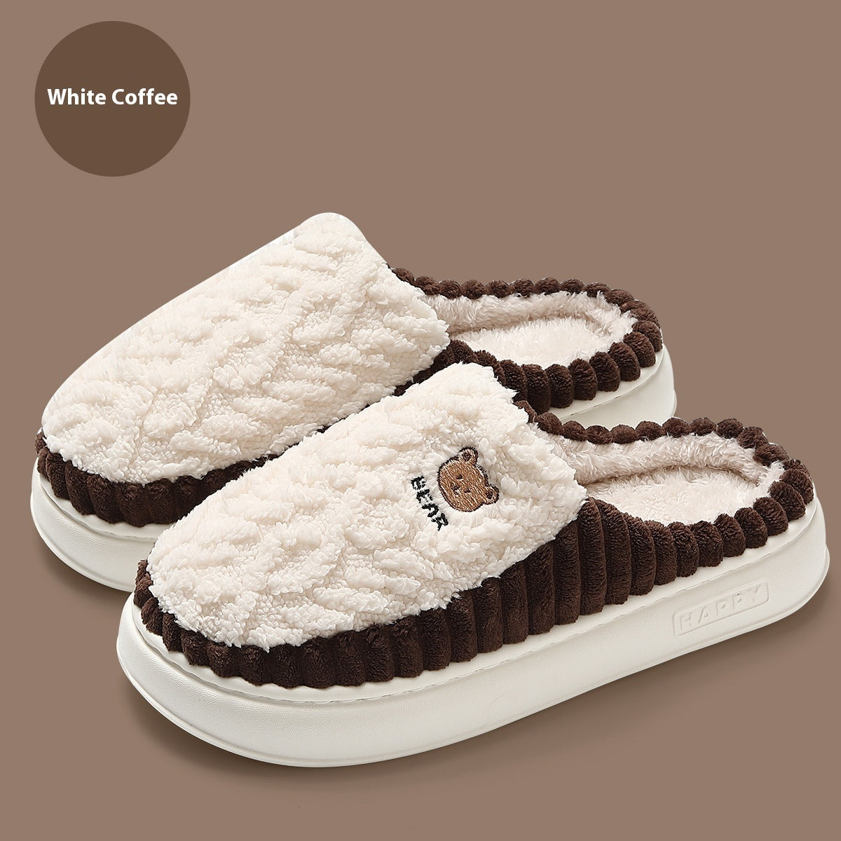 Cute Bear Plush Winter Slippers, Warm Fleece Indoor Home Shoes for Women, Men, and Couples