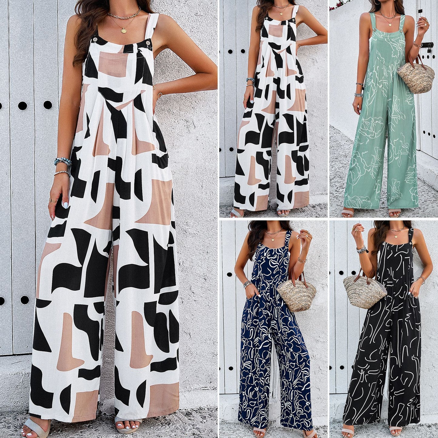 Fashion Print Square Neck Jumpsuit With Pockets Spring Summer Casual Loose Overalls Womens Clothing