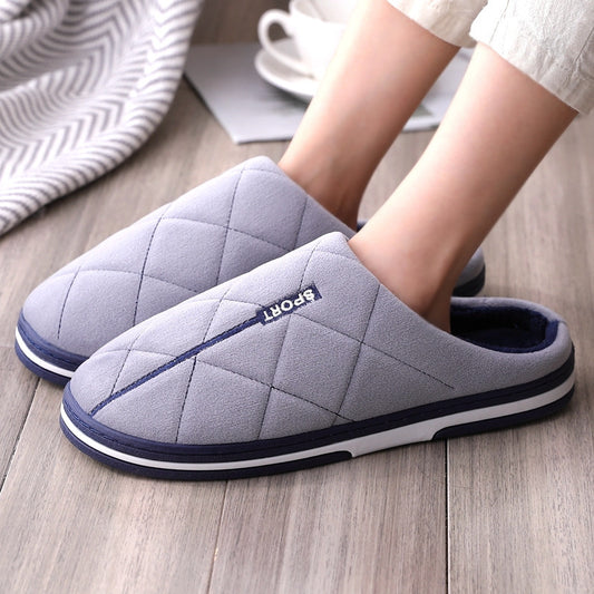 Men's Plus-Size Cotton Slippers with Warm Platform for Home Use