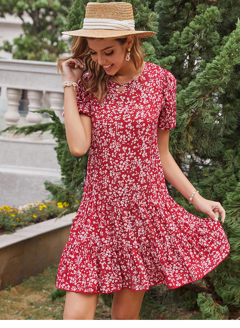 Women's High-waist Short-sleeved Round Neck Mid-length Printed Dress