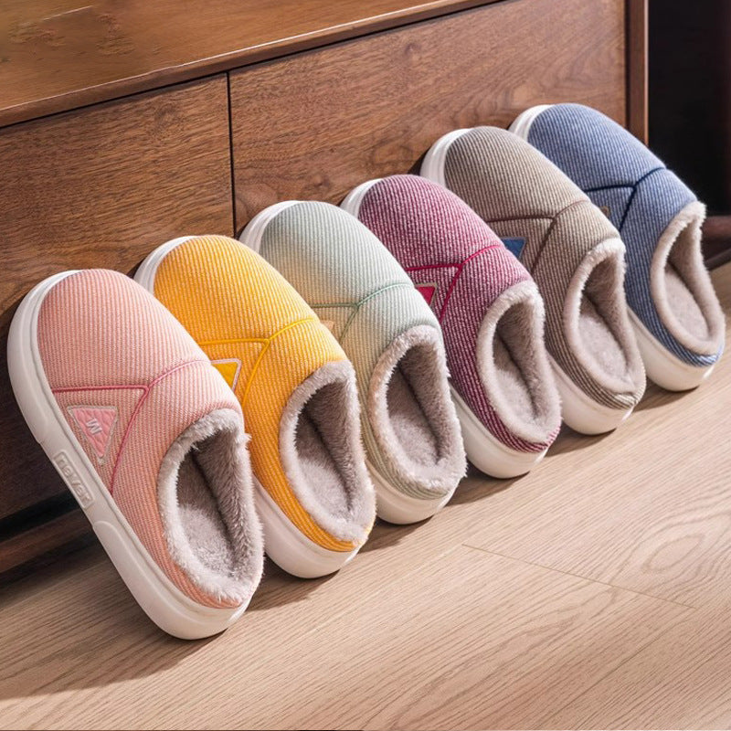 Solid Striped Winter Warm Fleece Home Slippers, Indoor Plush Shoes for Men, Women, and Couples