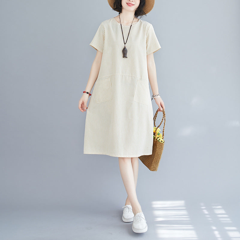 Literary Loose Striped Cotton And Linen Round Neck Short-sleeved Dress For Women