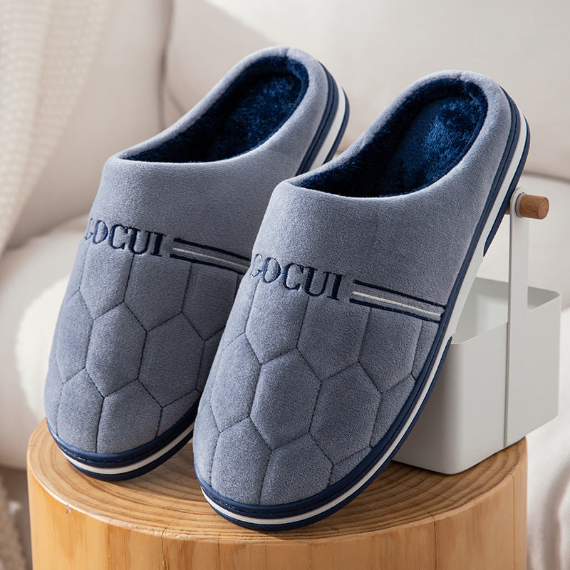 Men's Plus-Size Cotton Slippers with Warm Platform for Home Use