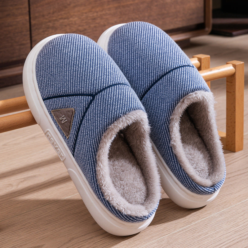 Solid Striped Winter Warm Fleece Home Slippers, Indoor Plush Shoes for Men, Women, and Couples