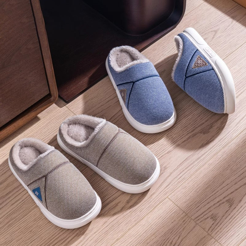 Solid Striped Winter Warm Fleece Home Slippers, Indoor Plush Shoes for Men, Women, and Couples