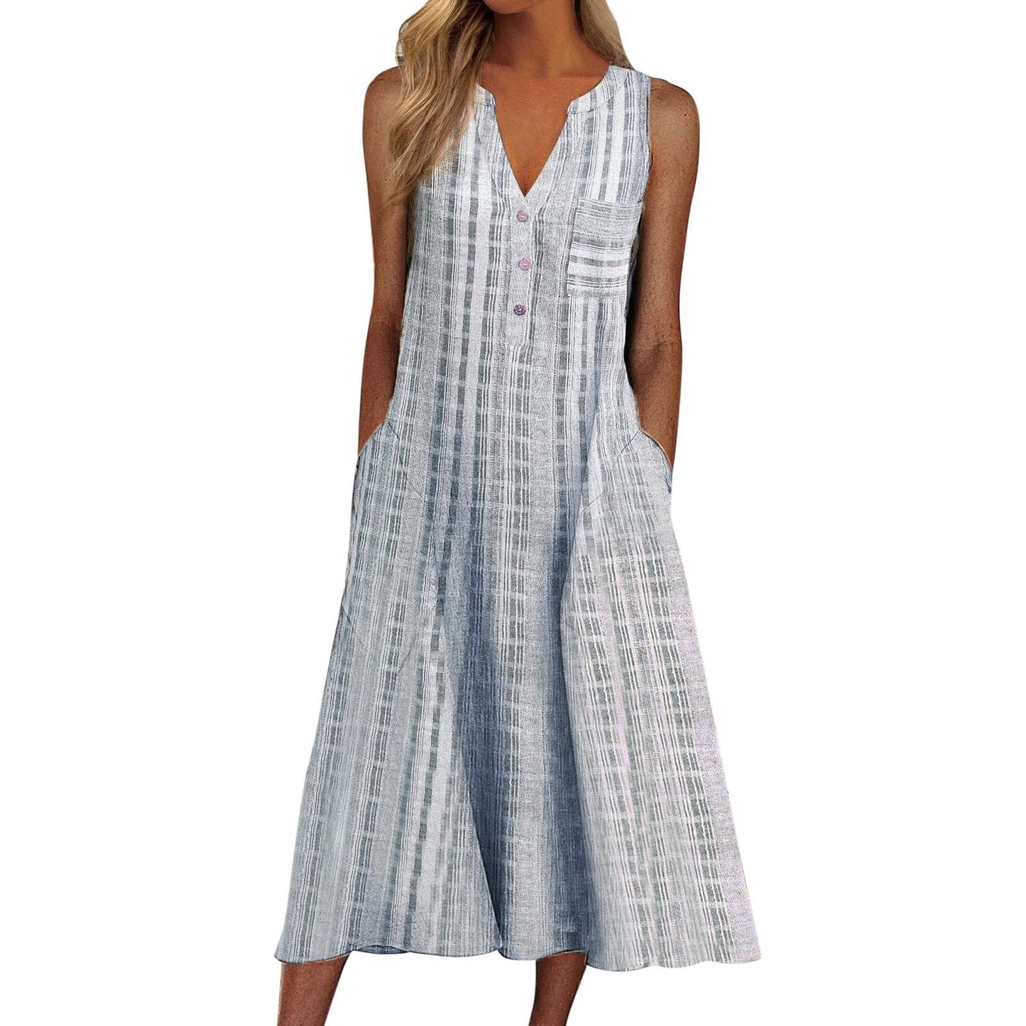 Fashion Pocket V Neck Stripe Sleeveless Casual Dress