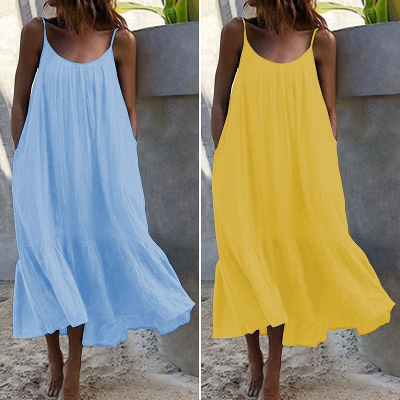 Ruffled Solid Color Long Dress Sleeveless Loose Thin Shoulder Straps