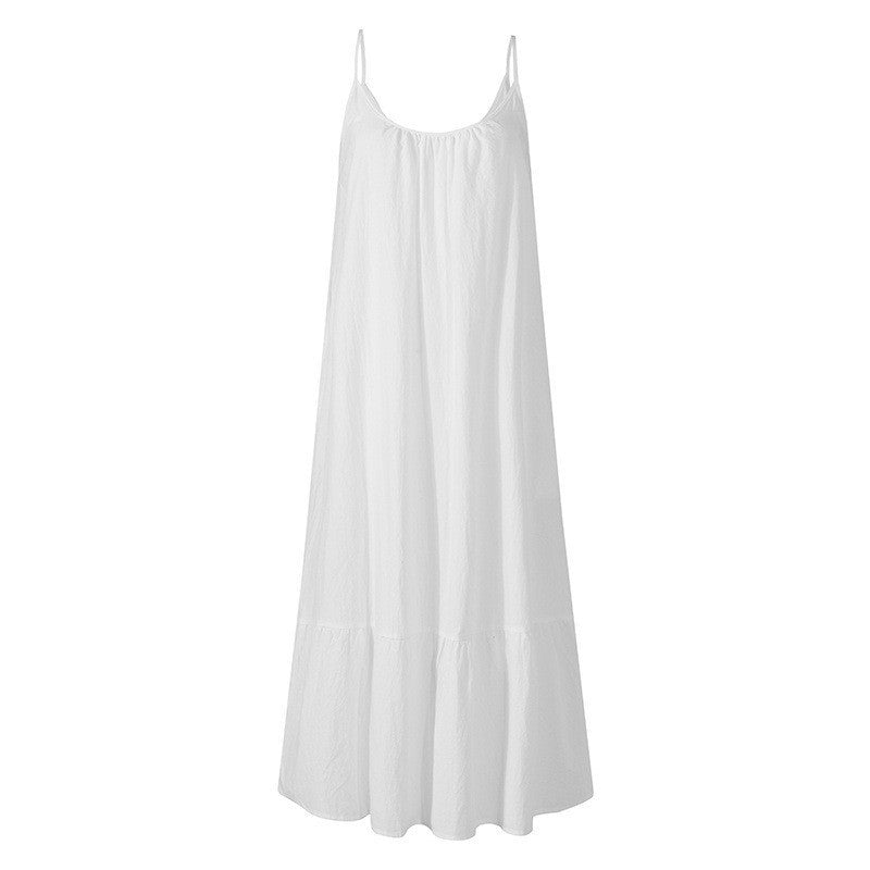 Ruffled Solid Color Long Dress Sleeveless Loose Thin Shoulder Straps