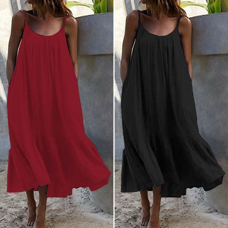 Ruffled Solid Color Long Dress Sleeveless Loose Thin Shoulder Straps