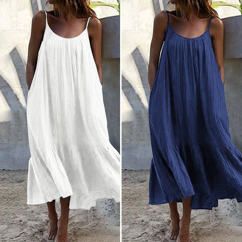 Ruffled Solid Color Long Dress Sleeveless Loose Thin Shoulder Straps