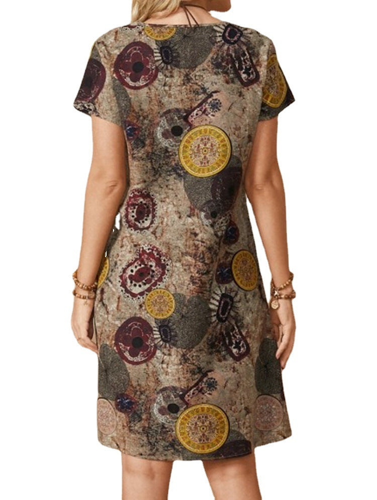 Ladies Ethnic Print V Neck Short Sleeved Cotton And Linen Dress