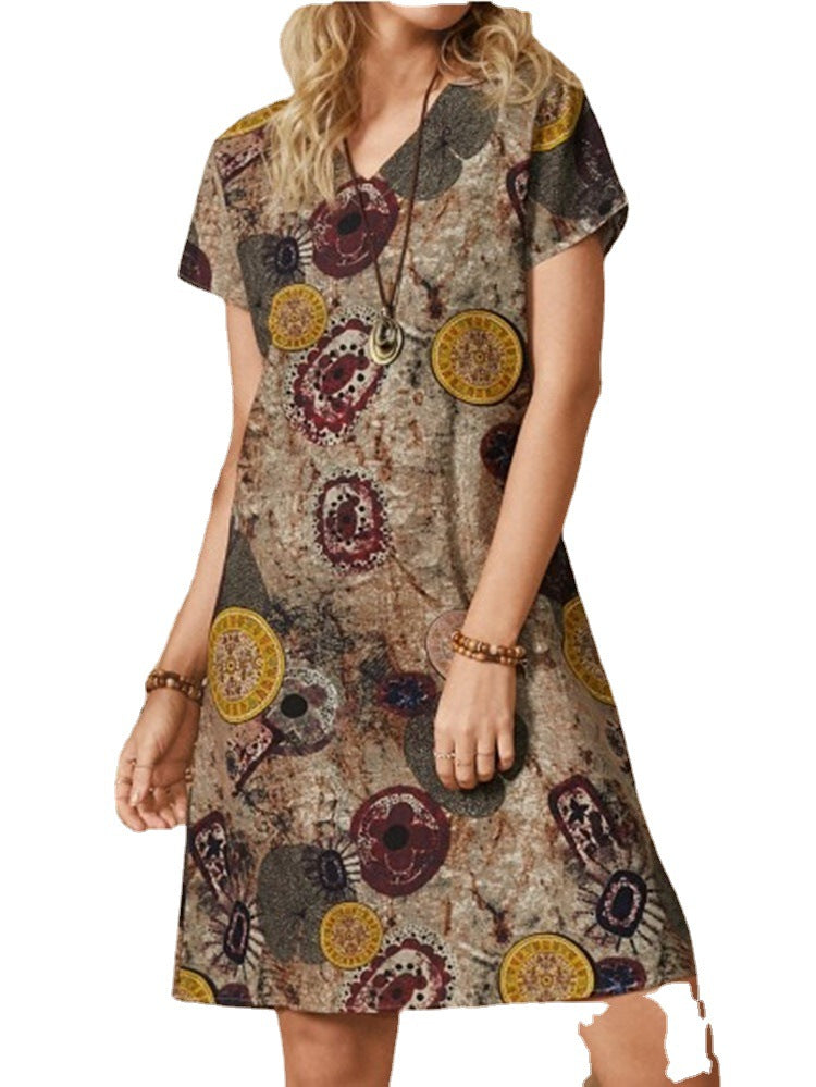 Ladies Ethnic Print V Neck Short Sleeved Cotton And Linen Dress