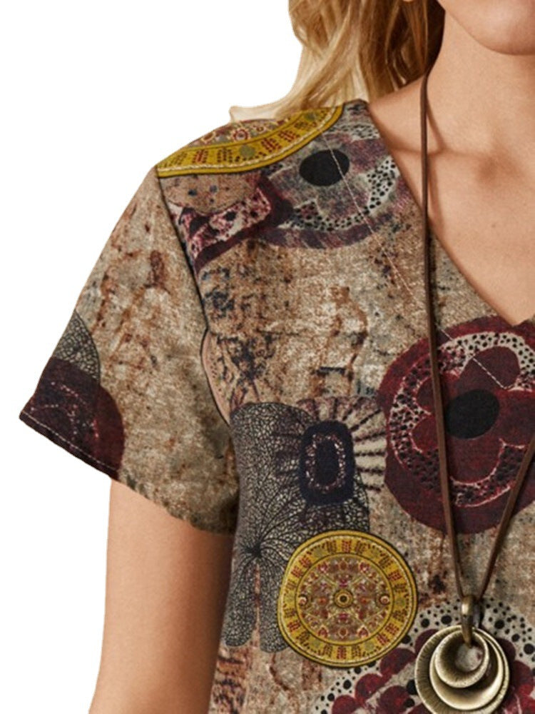 Ladies Ethnic Print V Neck Short Sleeved Cotton And Linen Dress