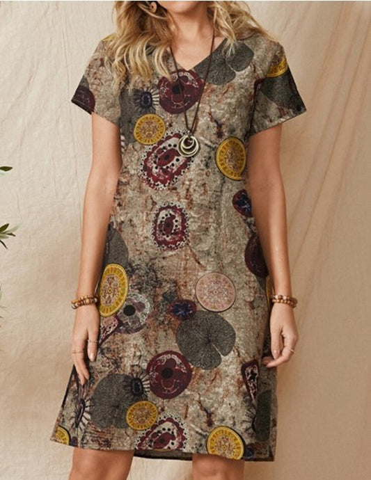 Ladies Ethnic Print V Neck Short Sleeved Cotton And Linen Dress