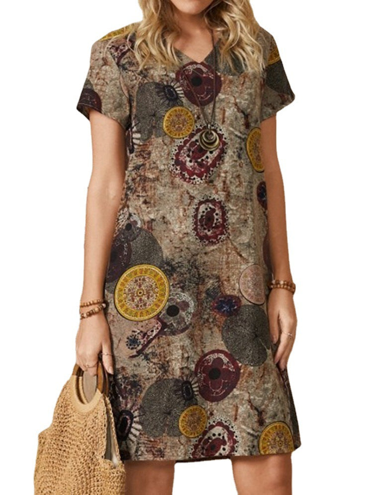 Ladies Ethnic Print V Neck Short Sleeved Cotton And Linen Dress