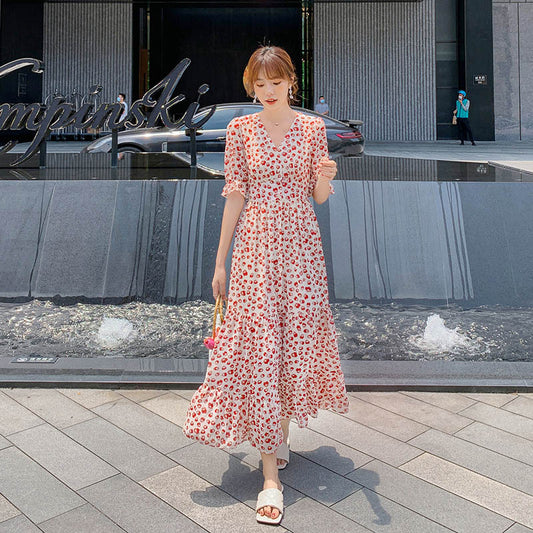 Short Sleeve Chiffon Polka Dot Floral Dress