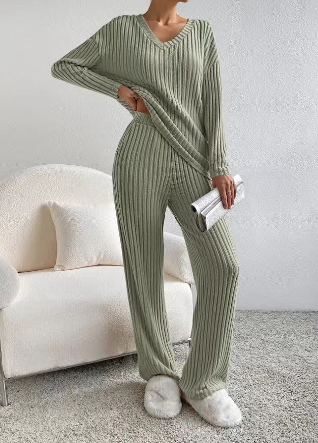 Fashion Straight Loose Temperament V-neck Sunken Stripe Knitting Suit