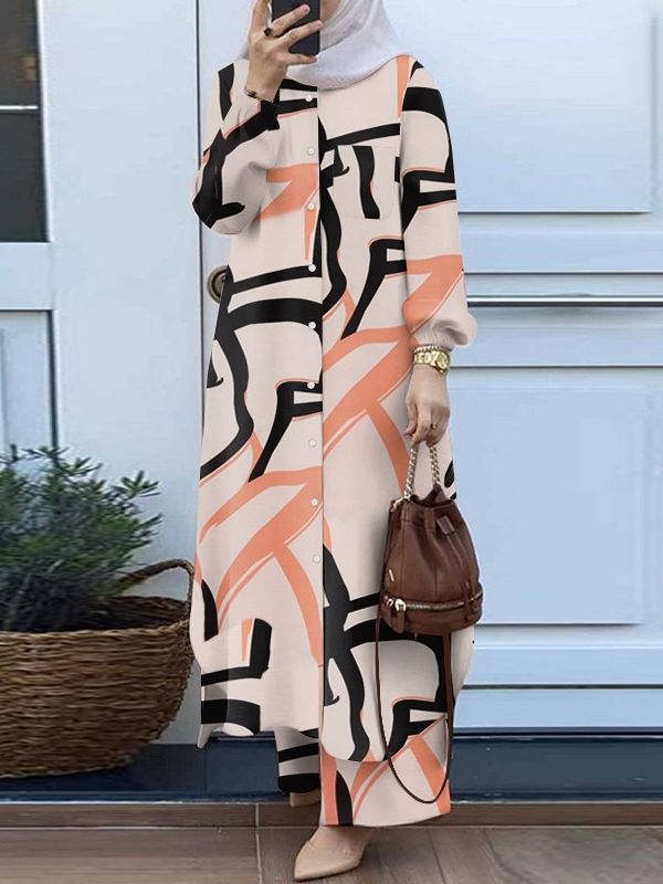 Muslim Suit Two-piece Spring And Autumn Clothing Retro Long Shirt Wide Leg Pants Suit