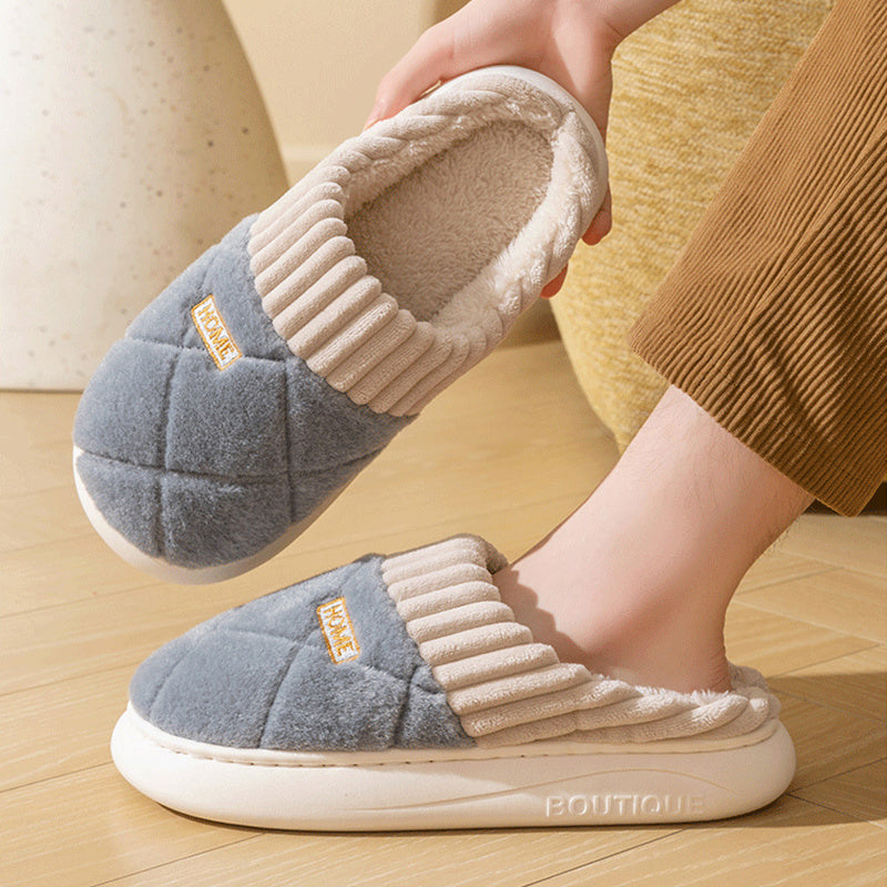 Men's Rhombic Stitch Plush Winter Slippers, Warm Non-slip House Shoes for Women and Couples