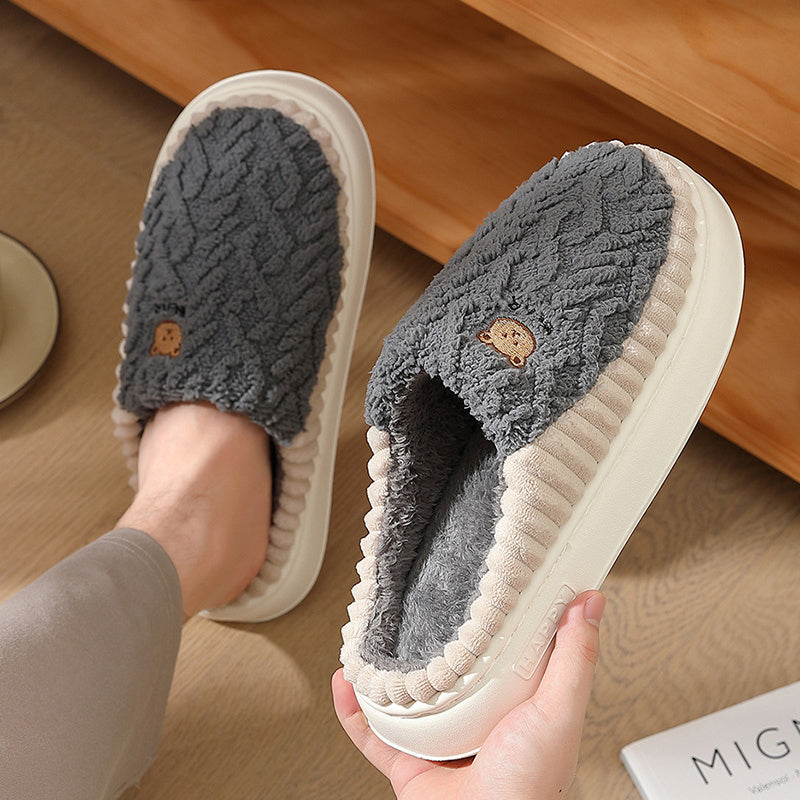 Cute Bear Plush Winter Slippers, Warm Fleece Indoor Home Shoes for Women, Men, and Couples