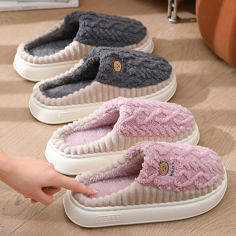 Cute Bear Plush Winter Slippers, Warm Fleece Indoor Home Shoes for Women, Men, and Couples