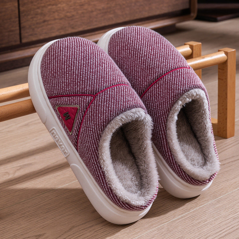 Solid Striped Winter Warm Fleece Home Slippers, Indoor Plush Shoes for Men, Women, and Couples