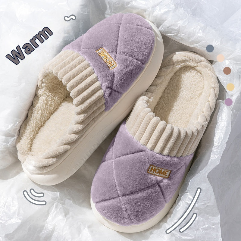 Men's Rhombic Stitch Plush Winter Slippers, Warm Non-slip House Shoes for Women and Couples