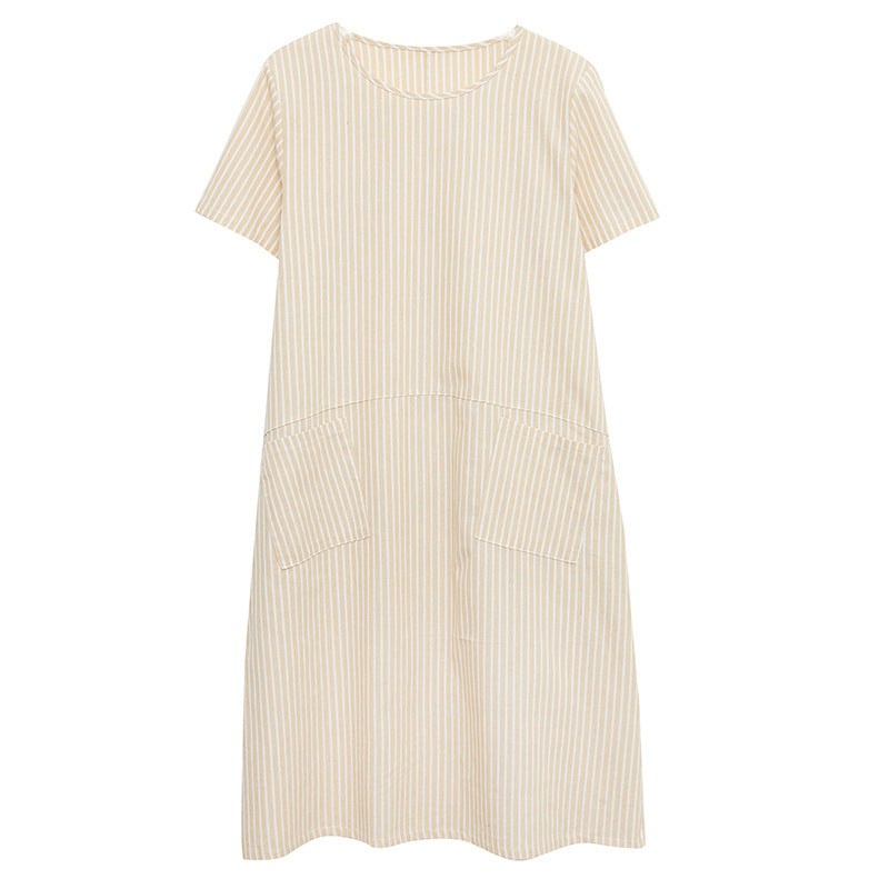 Literary Loose Striped Cotton And Linen Round Neck Short-sleeved Dress For Women