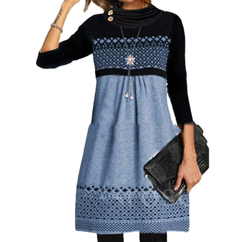 Colorblock Printed Long Sleeve Scarf Collar Dress