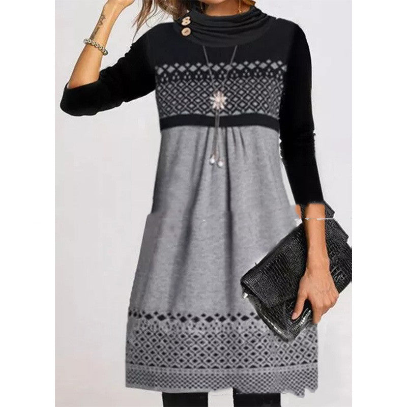 Colorblock Printed Long Sleeve Scarf Collar Dress