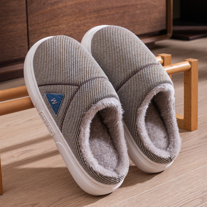 Solid Striped Winter Warm Fleece Home Slippers, Indoor Plush Shoes for Men, Women, and Couples