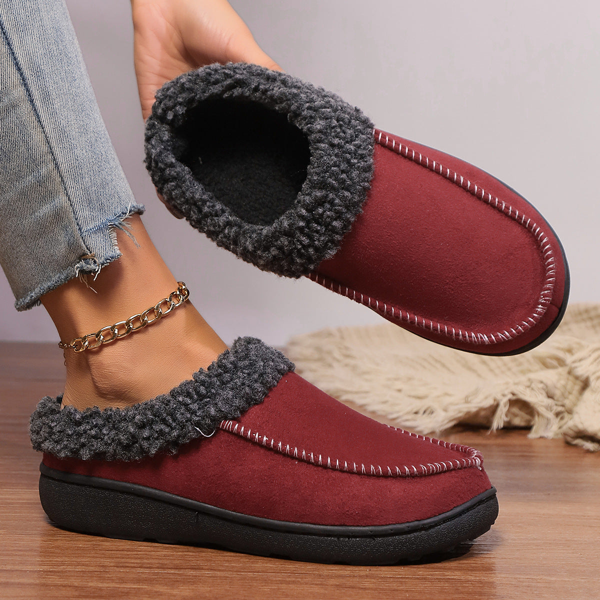 Thickened Autumn and Winter Indoor Cotton Slippers – Half-Covered Heel for Home Use