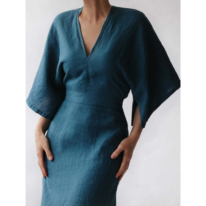 Elegant Chalk Blue Linen Slim Dress