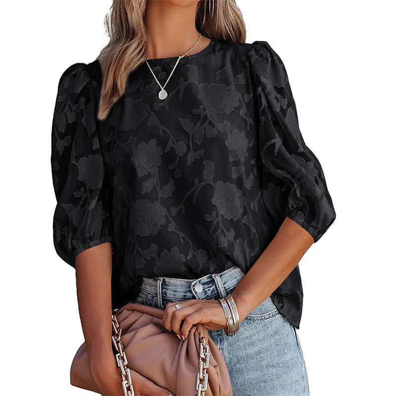 Women's Puff Sleeve Chiffon Loose Top Flower Texture Shirt