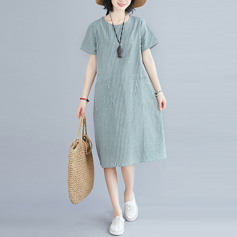 Literary Loose Striped Cotton And Linen Round Neck Short-sleeved Dress For Women