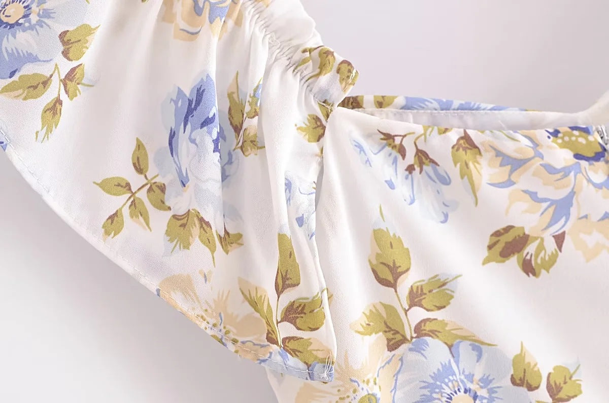 European And American Fashion Floral Printed Off-shoulder Off-shoulder Collar Dress