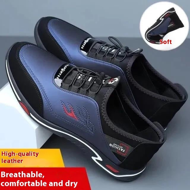 Men's Casual Lace-Up Leather Work Shoes with Soft Bottom and Slip-On Design