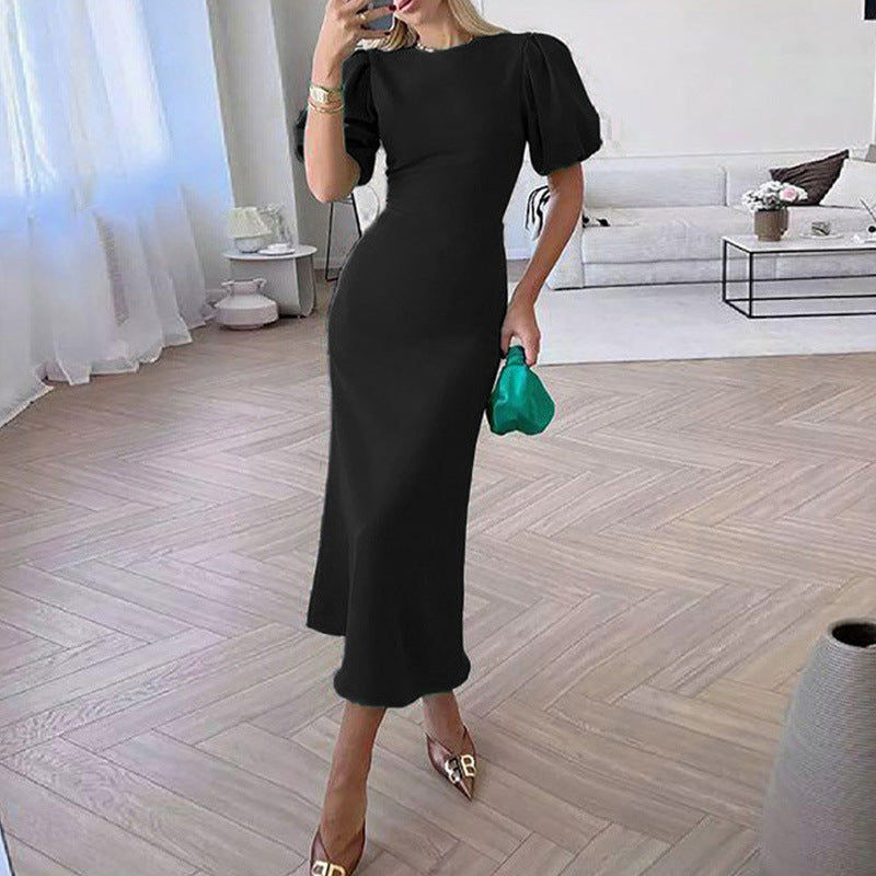 Lantern Sleeve Waist Trimming Fashion Slim Long Dress