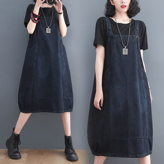 Reduced Age Slim Retro Large Denim Strap Dress Women