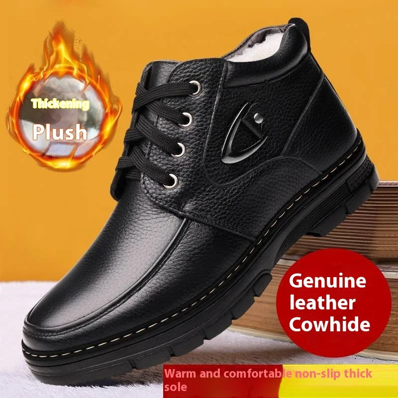 Thick Fleece-Lined Leather Shoes for Middle-Aged and Elderly Men, Warm Winter Footwear