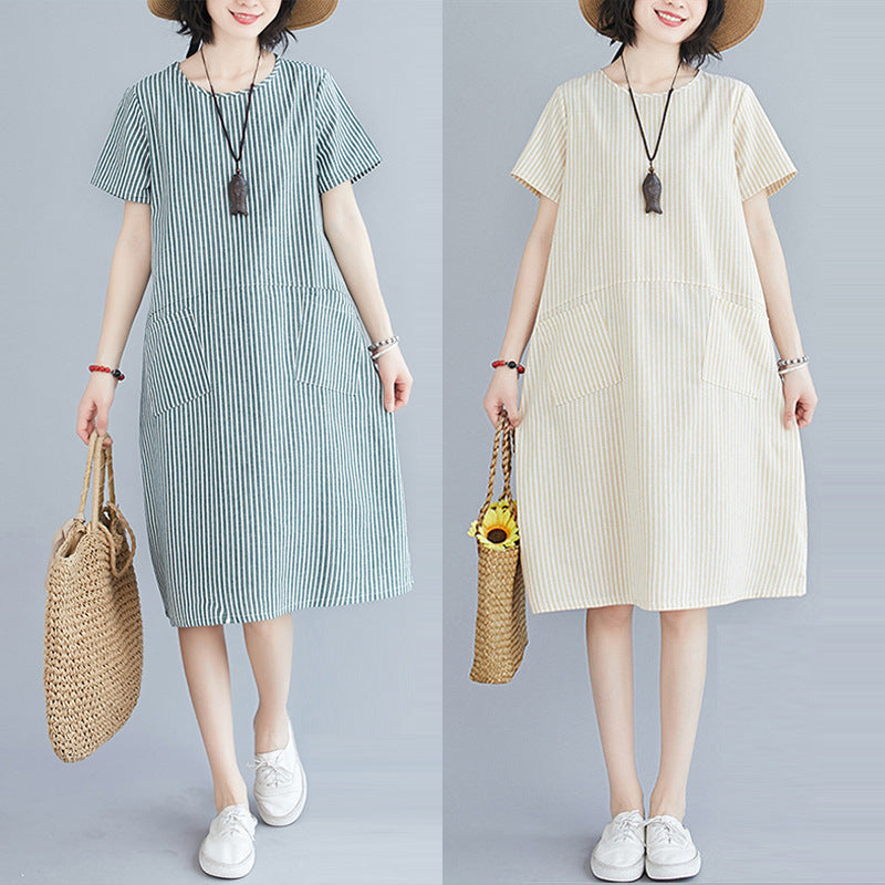 Literary Loose Striped Cotton And Linen Round Neck Short-sleeved Dress For Women