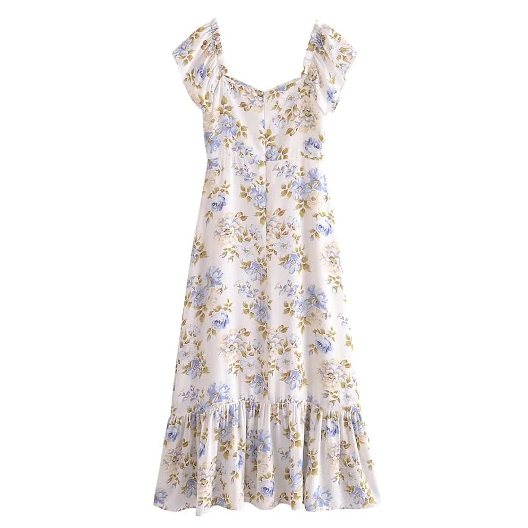 European And American Fashion Floral Printed Off-shoulder Off-shoulder Collar Dress