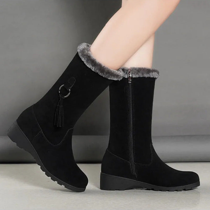 New Autumn and Winter Long Furry Collar Fleece-lined Martin Boots