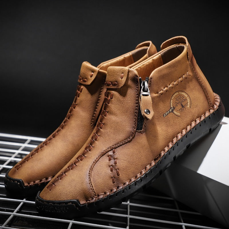 High-Top Handmade Leather Boots with Thick Bottoms