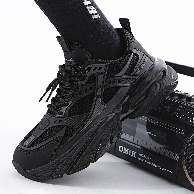 Pure Black Thick-Sole Increased Leisure Sneakers, Dad Shoes