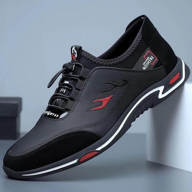 Men's Casual Lace-Up Leather Work Shoes with Soft Bottom and Slip-On Design