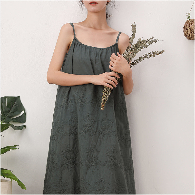 Embroidered Loose Waist Strap Base Cotton And Linen Dress