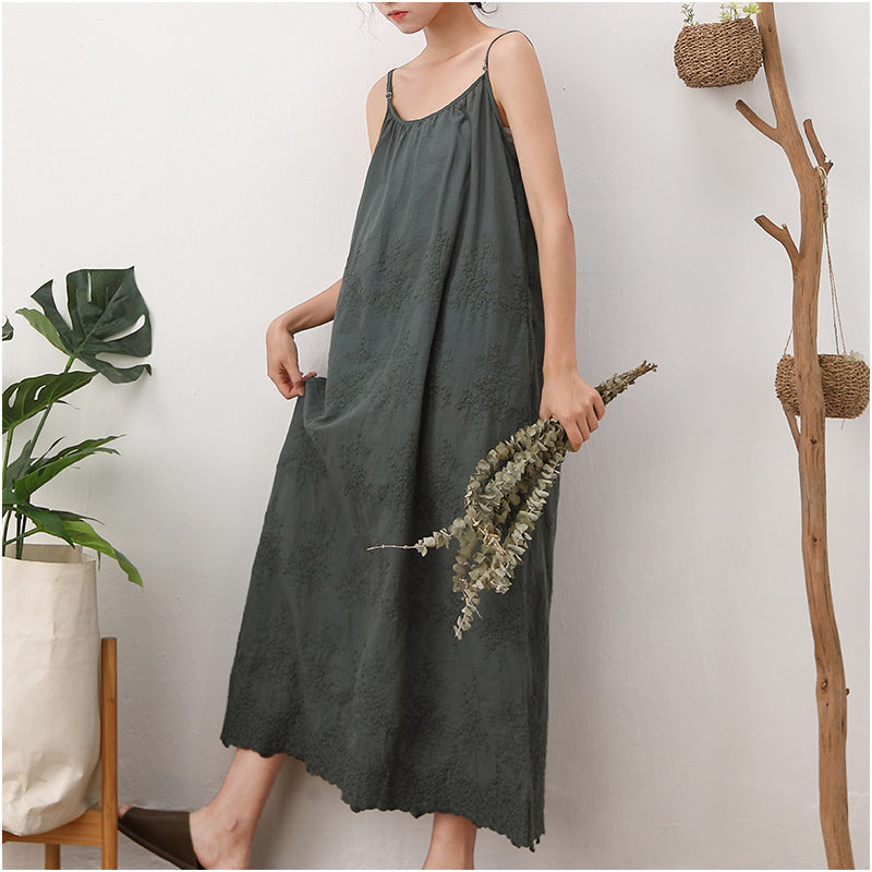 Embroidered Loose Waist Strap Base Cotton And Linen Dress