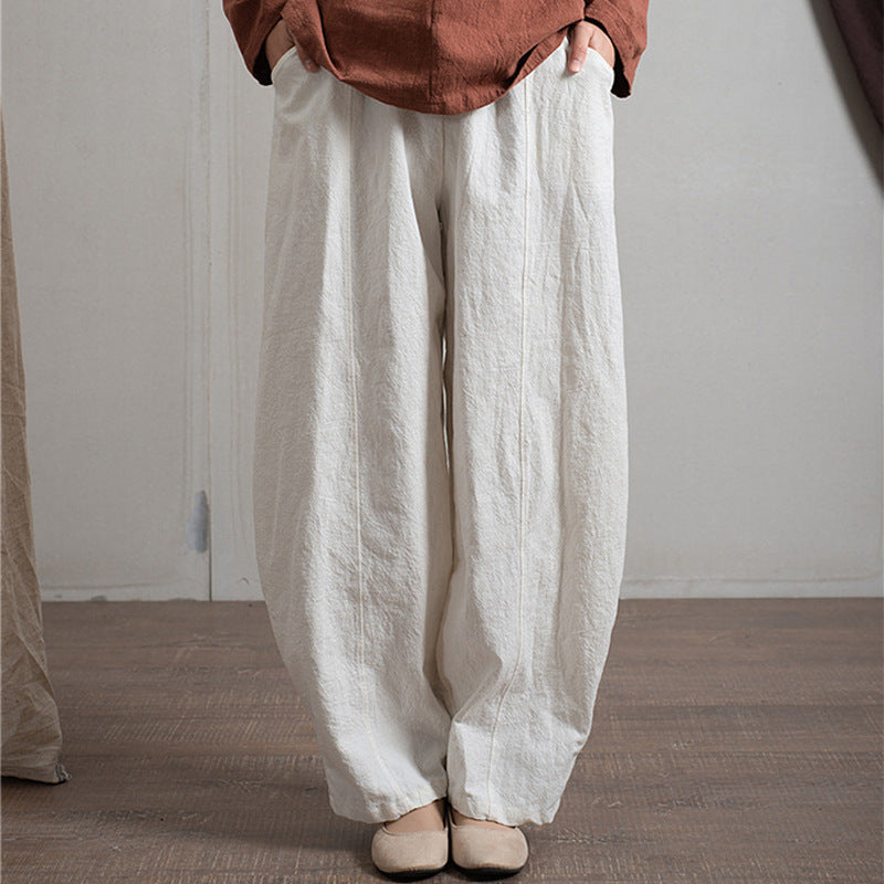 Women's Simple Casual Cotton Linen Harem Wide-leg Trousers Elastic Waist Pants