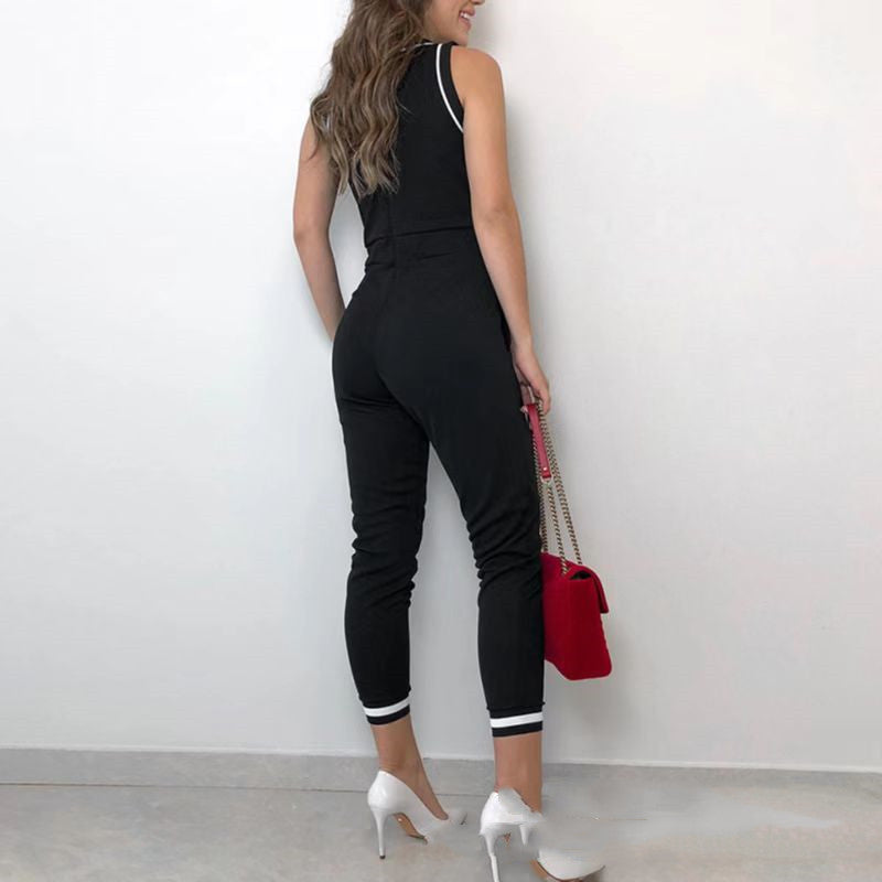 Round Neck Sleeveless Vest Contrast Color Jumpsuit